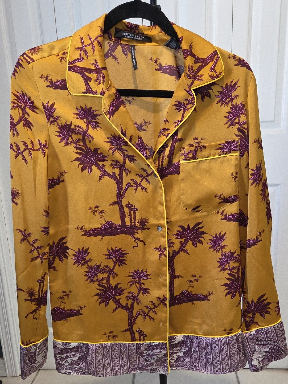 Sz S - Scotch & Soda Satin Pajame Style Shirt in Mustard Yellow with Plum Print